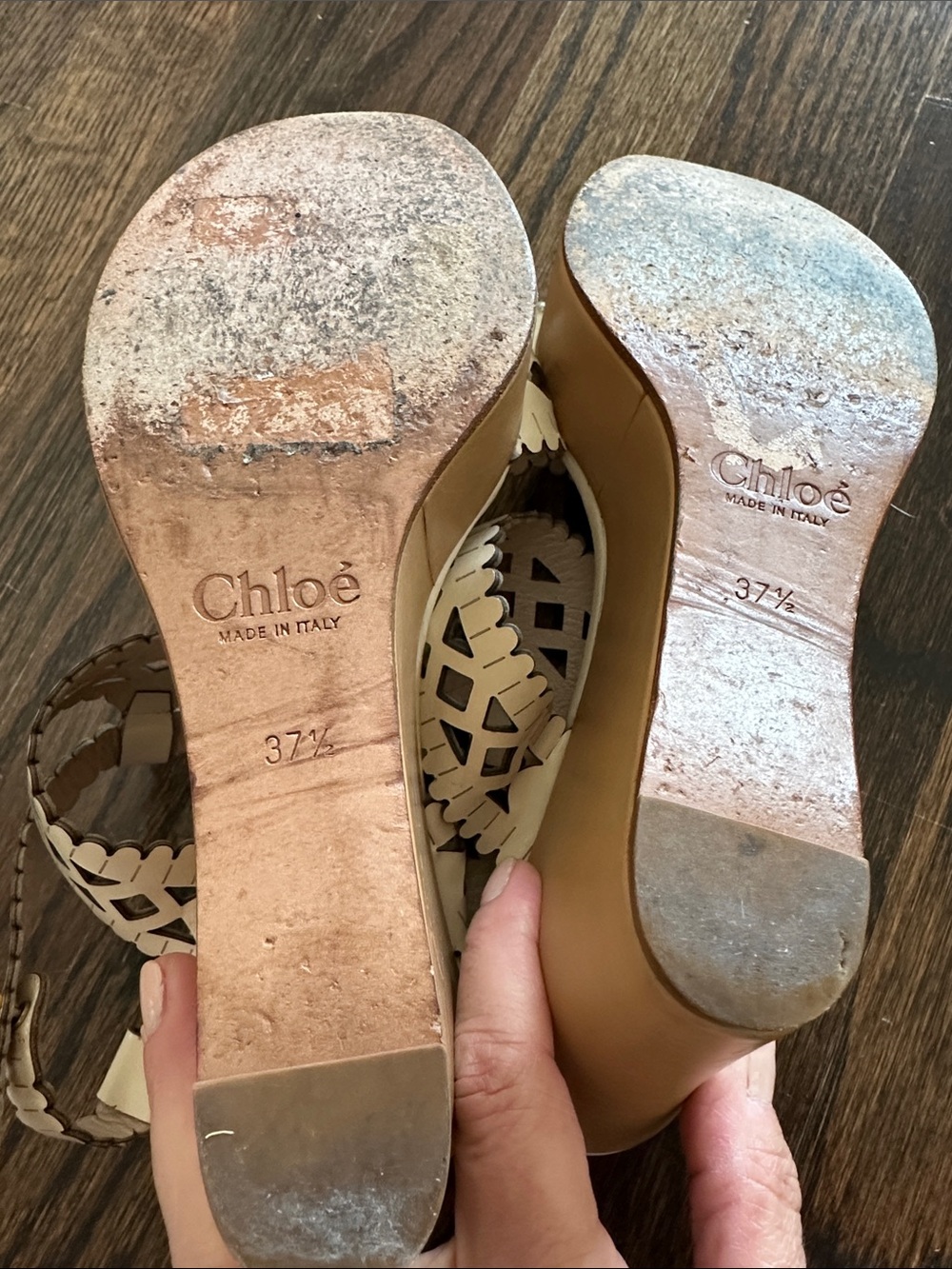 Chloé White Laser-Cut Leather Wedge Sandals with Tan Platform - Picture 10 of 14